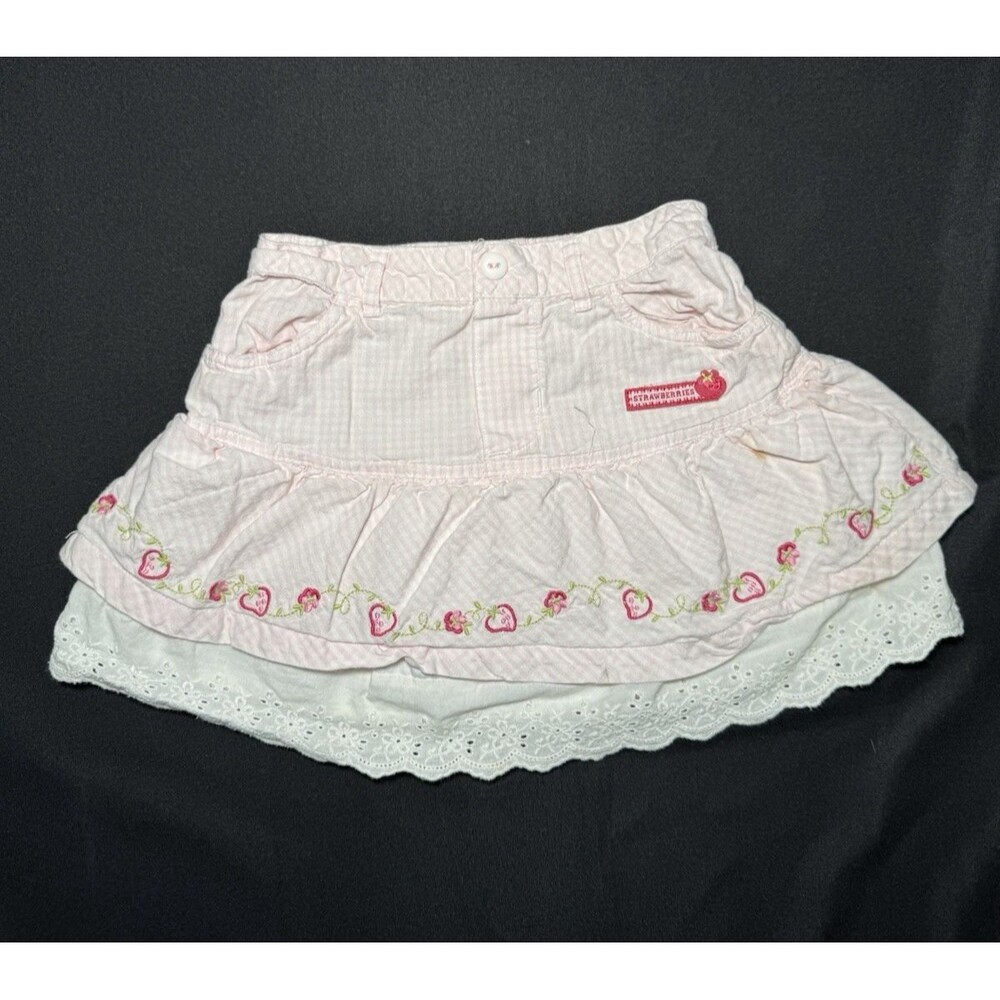 Strawberry Light Pink Gingham Tiered Toddler 2T Skirt Embroidered Picnic Y2K